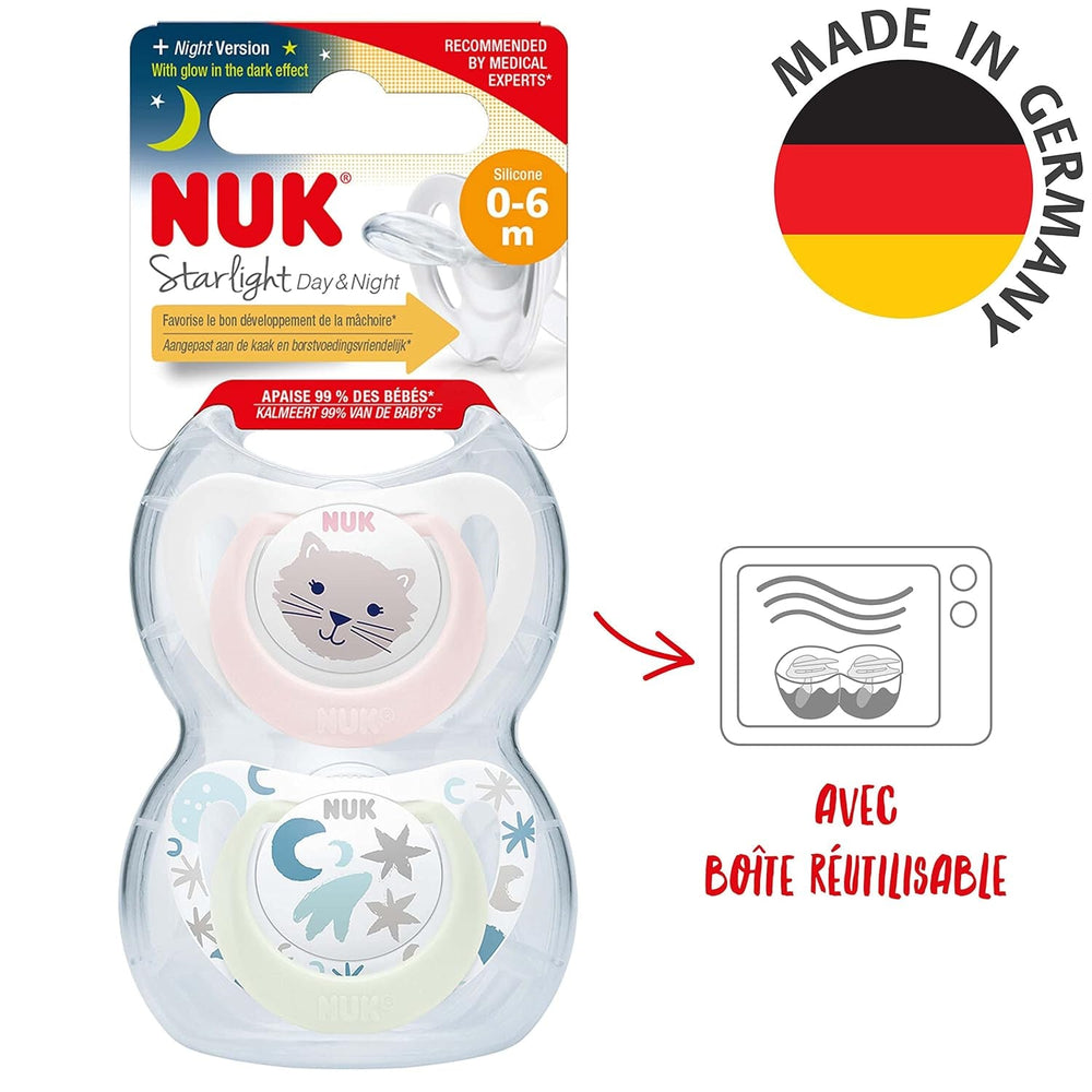 Suzetă NUK Star Night & Day pentru bebeluși 0-6 luni, strălucește în întuneric, silicon fără BPA, pisică roz, pachet de 2