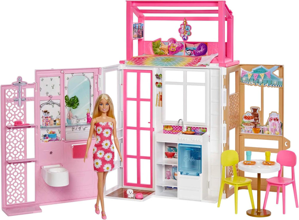 Casă de păpuși Barbie (70.6 X 51.4 Cm) cu 4 zone de joacă, accesorii și mobilier complet mobilate, rotativă 360°, pliabilă, păpușă, cadou pentru copii de la 3 ani, HHY40 Casute de papusi Naty Shop Casa păpușii Barbie