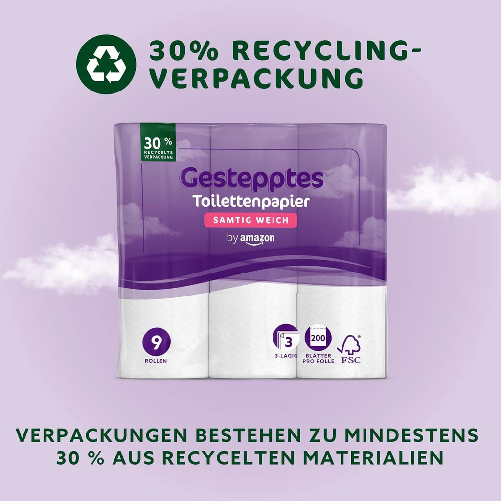 By Amazon Hârtie igienică, 3 straturi matlasate, moale catifelată, 36 de role (9 role, pachet de 4), 200 de foi per rolă, certificată Fsc