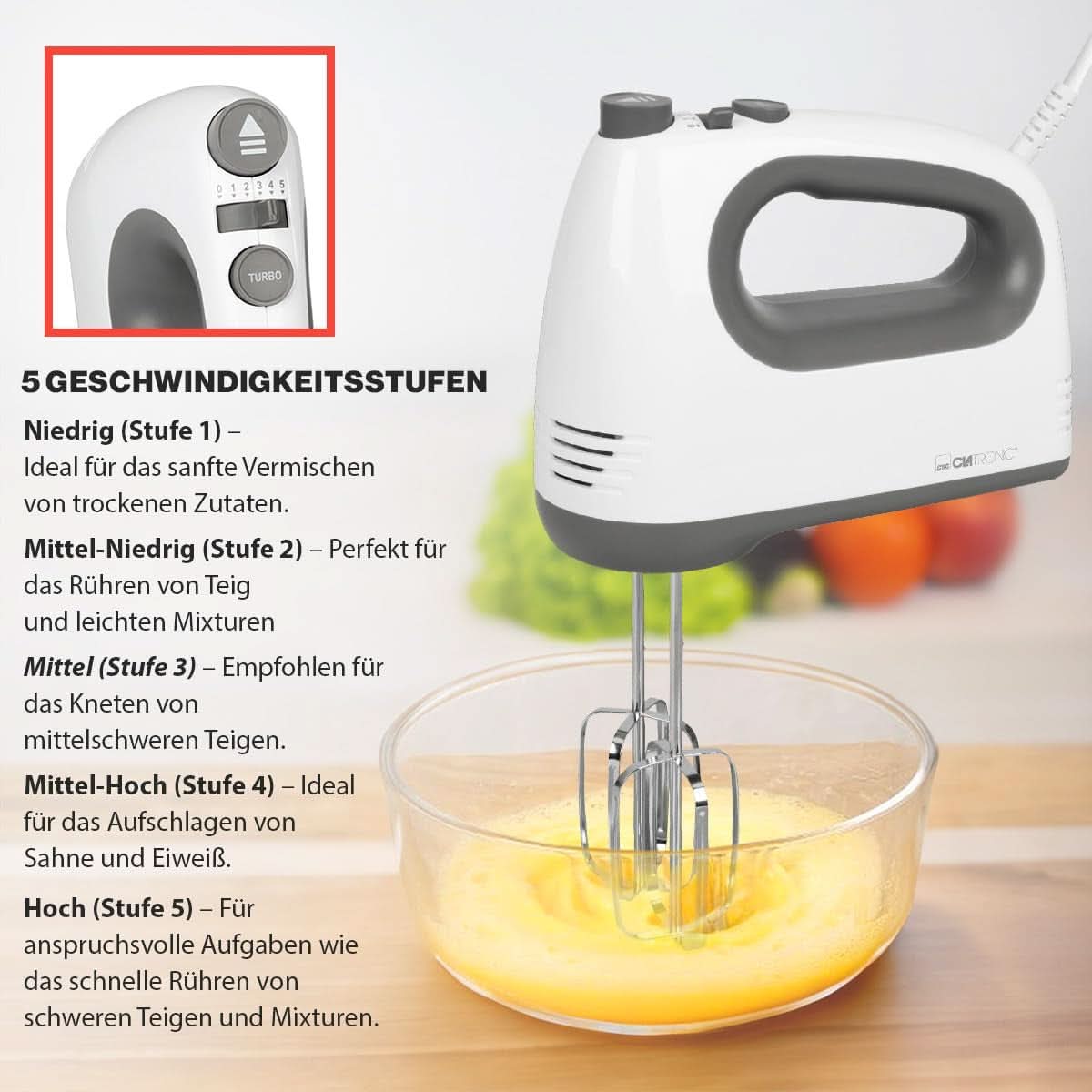 Clatronic Mixer | Kraftvoller 400 Watt-Motor | Hand mixer | Turbostufe & 5 Geschwindigkeitsstufen | Hand mixer | Spülmaschinengeeignete Edelstahlquirle Und -Knethaken | HM 3775 Kitchen Naty Shop