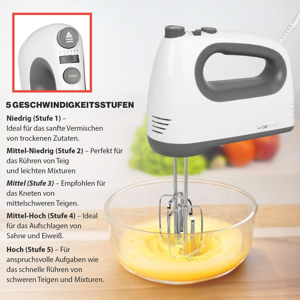 Clatronic Mixer | Kraftvoller 400 Watt-Motor | Hand mixer | Turbostufe & 5 Geschwindigkeitsstufen | Hand mixer | Spülmaschinengeeignete Edelstahlquirle Und -Knethaken | HM 3775 Kitchen Naty Shop