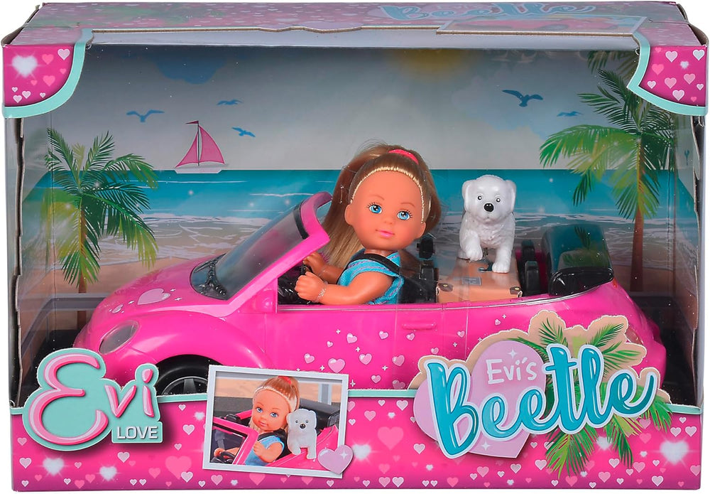 Simba 105731539 - Evi Love Beetle-ul lui Evi, Evi cu mașină, mașină: 22 cm, cu câine, păpușă de modă, 12 cm, pentru copii cu vârsta de la 3 ani în sus