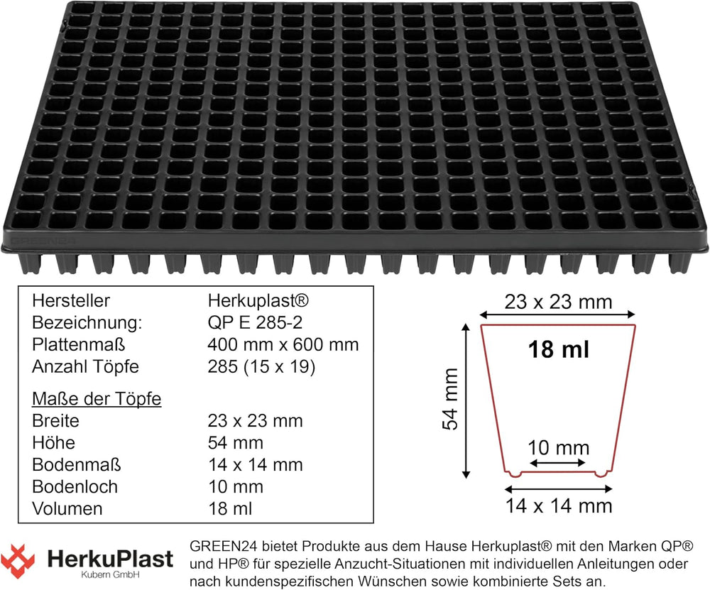 GW-285 Propagation System consisting of GW657 professional water tray, matching capillary mat (water absorption 3L per sq m) and pot tray with 285 pots (23x23mm, 54mm height) in Euro size (600x400mm)