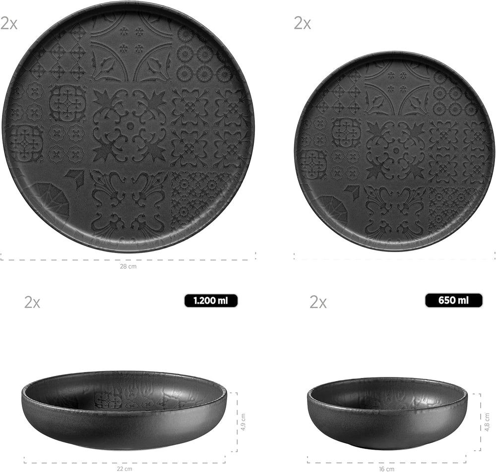 MÄSER 934064 Set de veselă vintage modern pentru 2 persoane, design maur cu glazură mată, serviciu de cină cu 8 piese, farfurii și boluri din ceramică de înaltă calitate, gresie, negru