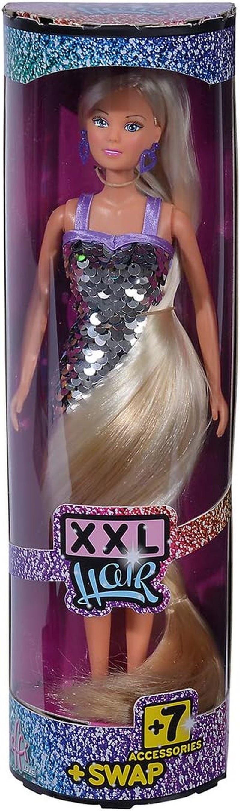 Simba 105733525 - Steffi Love XXL Hair, păpușă în rochie cu paiete cu efect de curcubeu și păr super lung, incl. agrafe de păr și pieptene, 29 cm, pentru copii de la 3 ani, violet Papusi Naty Shop
