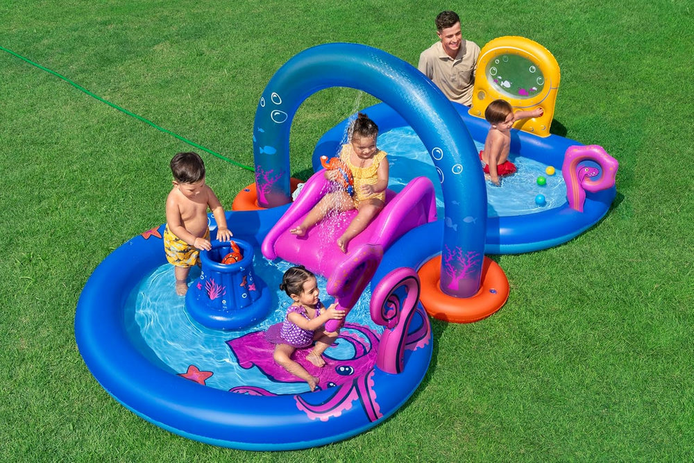 Centru de joacă acvatic Bestway Underwater World, 330 x 188 x 117 cm, Design adânc, Stropitor cu apă, Tobogan detașabil, Lansator de tentacule, 4 mingi de joacă, 2 pești-pescari, Supape de siguranță, Vârste 2+, PVC