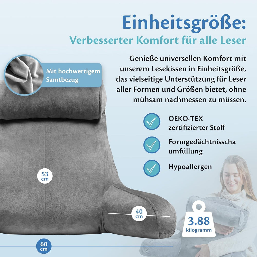 Pernă de citit Ella pentru pat și canapea cu rolă detașabilă pentru gât - Pernă pentru spate pentru pat - Pernă de citit din spumă cu memorie cu cotiere, ideală pentru citit, vizionat la televizor, relaxare sau ca suport pentru spate - Gri