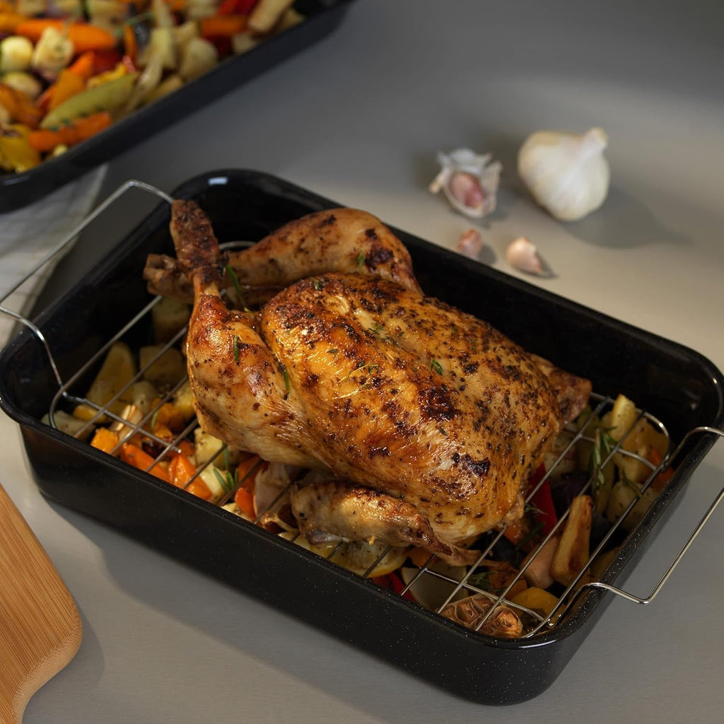 Russell Hobbs CW9161 Romano 34Cm Emaille Bräter - Mit Gitter, Rechteckige Auflaufform Mit Rost, Spülmaschinenfest Ofenform, Grill Auflaufform, Bratform Für Backofen Ofenbeständig Bis 230 Grad Matrite si tavi pentru copt Naty Shop