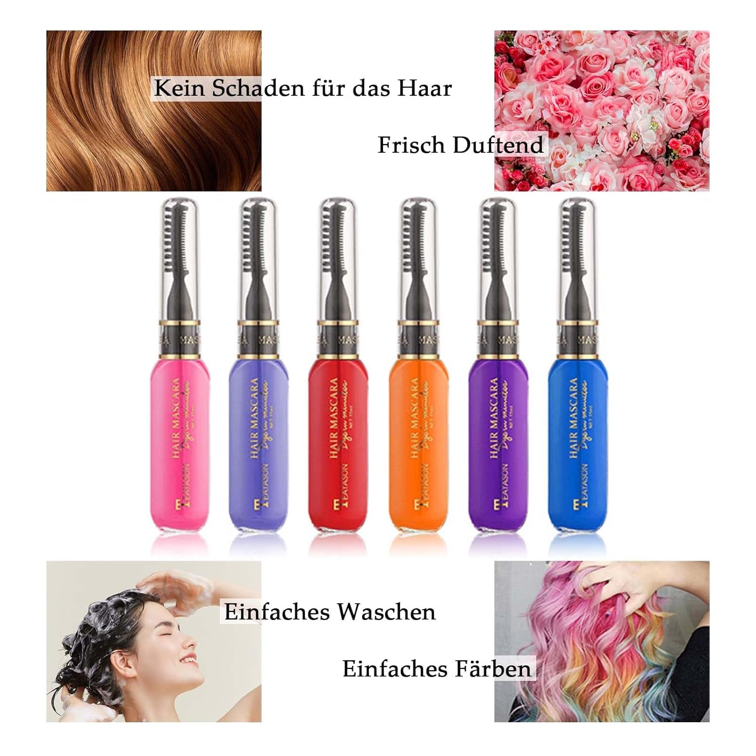 Vopsea de păr instant, 6 culori Mascara de păr temporară pentru fete și femei, cretă de păr lavabilă, vopsea de păr Rainbow Hair Mascara pentru carnaval, Halloween, Cosplay, petrecere, zi de naștere (A) Vopsea pentru par Naty Shop