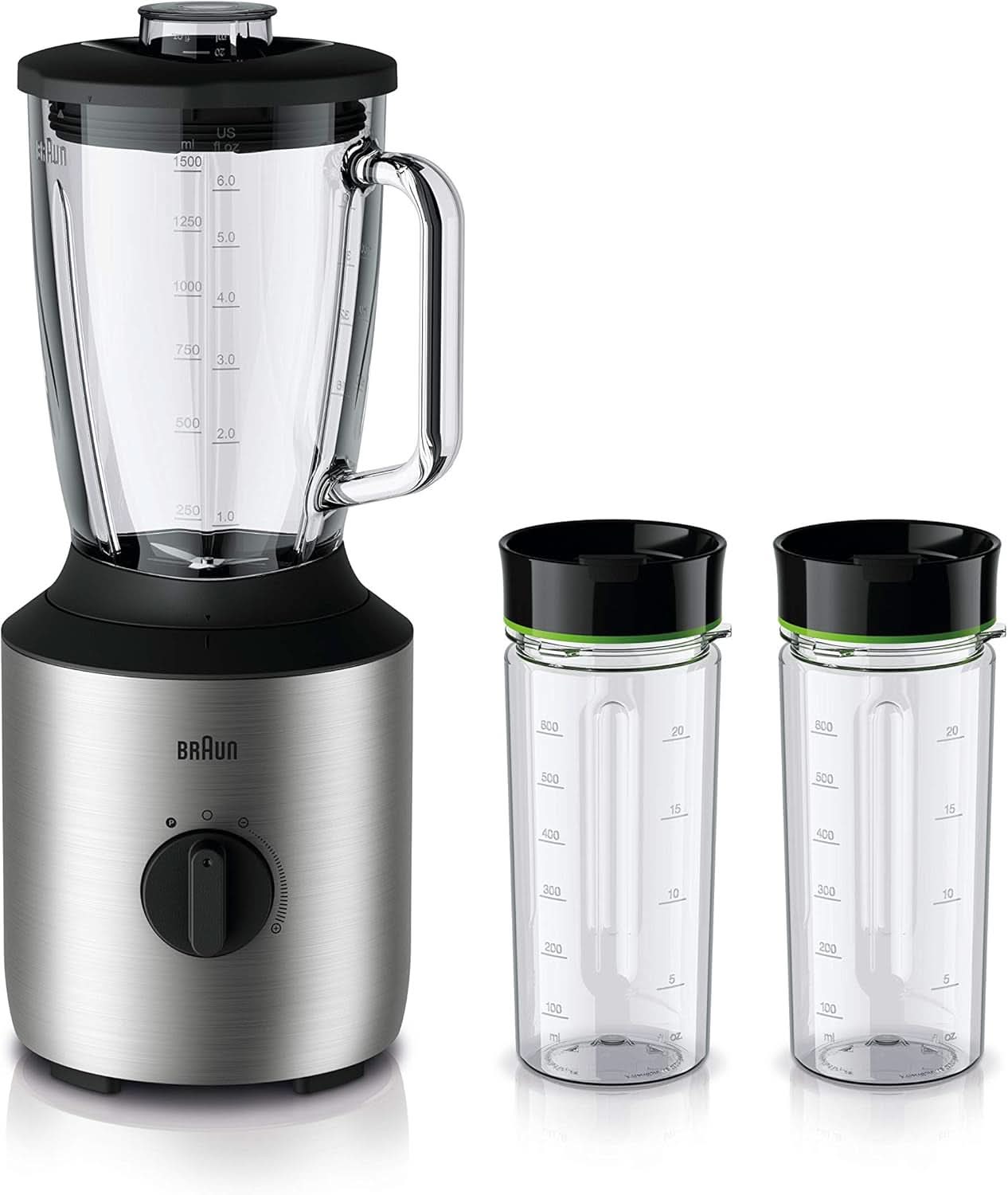 Braun Powerblend 3 JB 3150 BK Standmixer - 1,5 L Glas-Mixaufsatz, Küchenhelfer Zum Zerkleinern, Pürieren & Mixen, 800 Watt, Schwarz Bucatarie Naty Shop Edelstahl/Schwarz Single