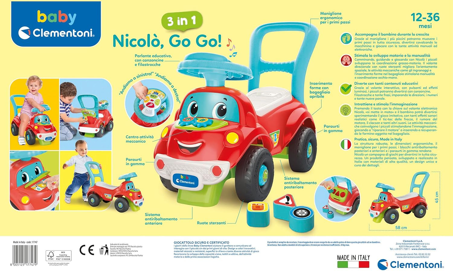 Clementoni - 17747 - Nicolò Go Go 3 în 1 - Mașină de echitație, vorbitor electronic de învățare, primii pași, lumini și sunete, joc pentru copii de 1 an - Made in Italy Jucarii Bebe Naty Shop