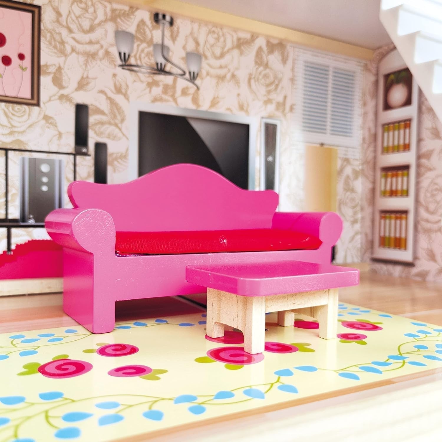 Bino World of Toys Dollhouse with balcony, Toy for toddlers from 3 years old, with 3 floors, stairs, 4 rooms and balcony incl. 15-TLG. Accessories, To promote children's skills, Pink design Naty Shop dollhouses