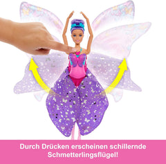 Păpușă Barbie Dansatoare și Fluture cu transformare 2 în 1 din Dansatoare în Fluture cu Aripi care se Deschid, Păr Mov, Accesorii de Păr și Tutu Detașabil, HXJ10