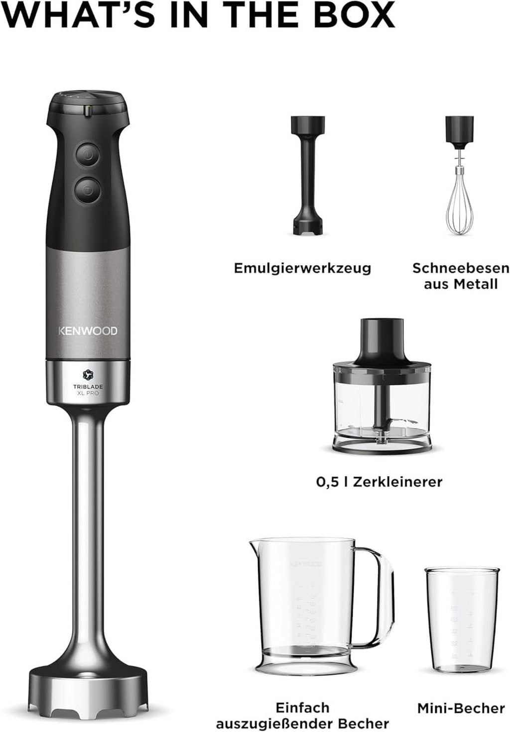 Kenwood Triblade XL Pro Stabmixer HBM80.322BK, 1200W, Variable Geschwindigkeiten, Edelstahl(Pürierfuß), Schneebesen, Emulgieraufsatz, 500Ml Zerkleiner, 700 & 250Ml Becher, Spülmaschinenfeste Teile Bucatarie Naty Shop