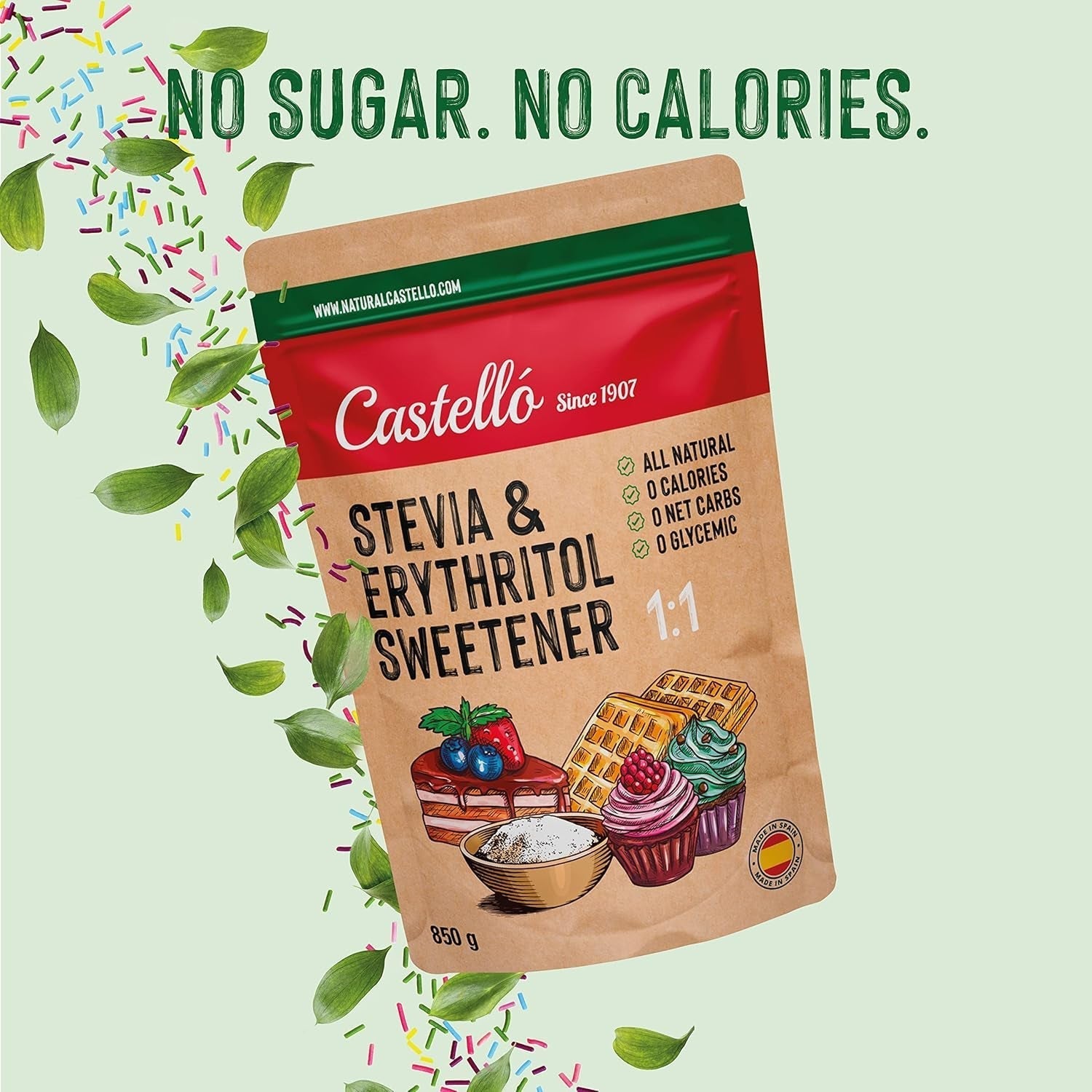 Stevia + Erythritol 1:1 Süßstoff | 1G = 1G Zucker | 100% Natürlicher Zuckerersatz - 0 Kalorien - 0 Glykämischer Index - Keto Und Paleo - 0 Netto-Kohlenhydrate - Kein GVO - Castello since 1907-850 G Sweeteners Naty Shop