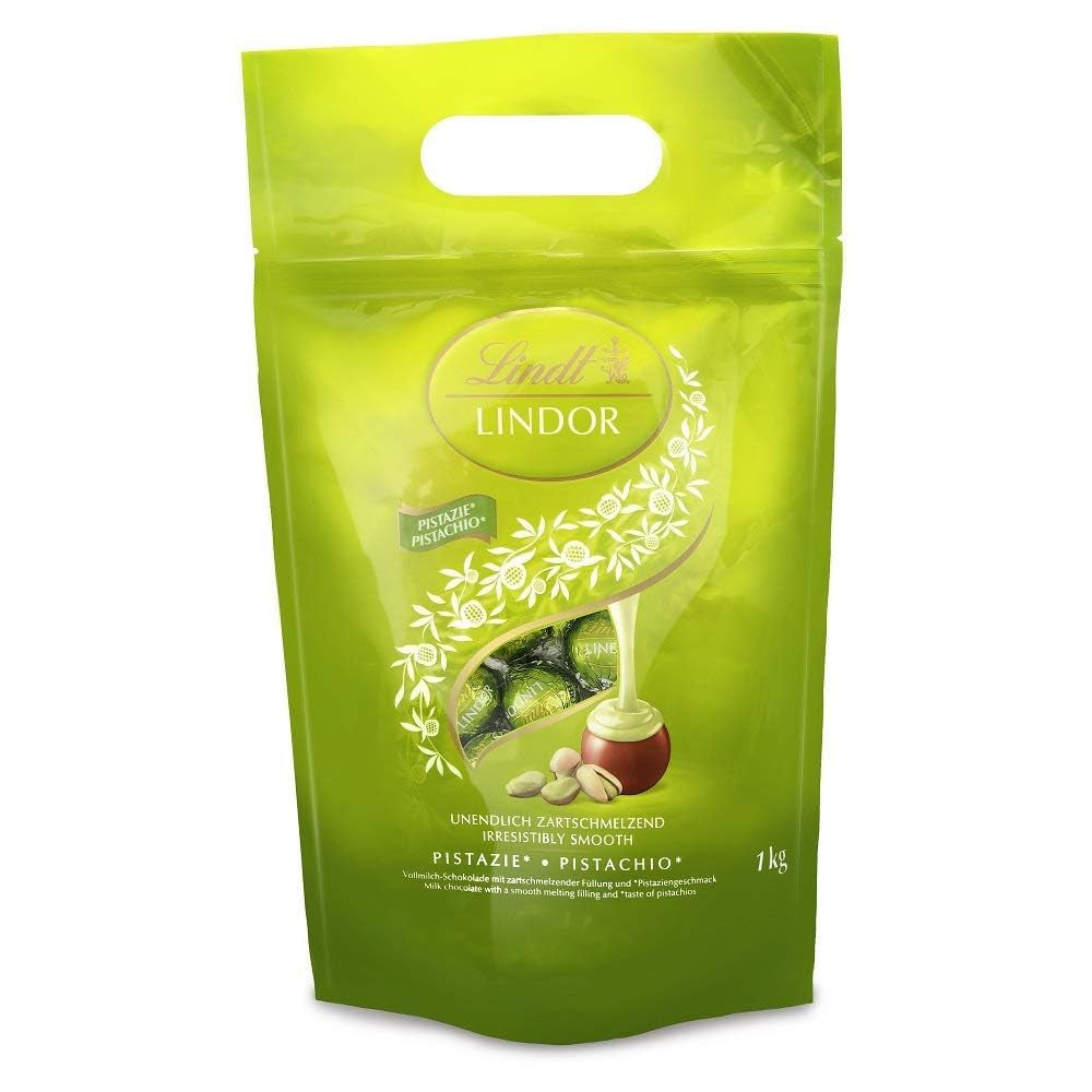 Lindt LINDOR Chocolate with Pistachio | 1 kg resealable bag | approx. 80 Milk Chocolate Balls with Melt-in-the-Mouth Pistachio Cream Filling | Bulk package, praline gift