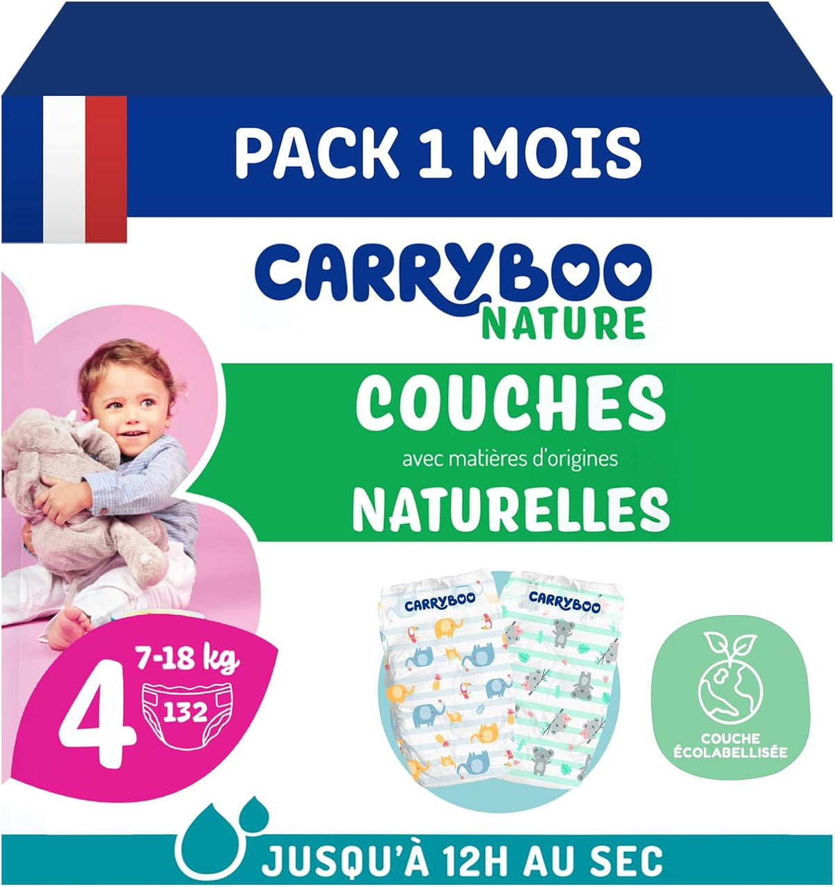 - Diaper size 4 (7 – 18 kg) – for sensitive skin – natural and very absorbent – ​​12 hour leak-proof – ohne unerwünschte Inhaltsstoffe – made in France – 132 diapers