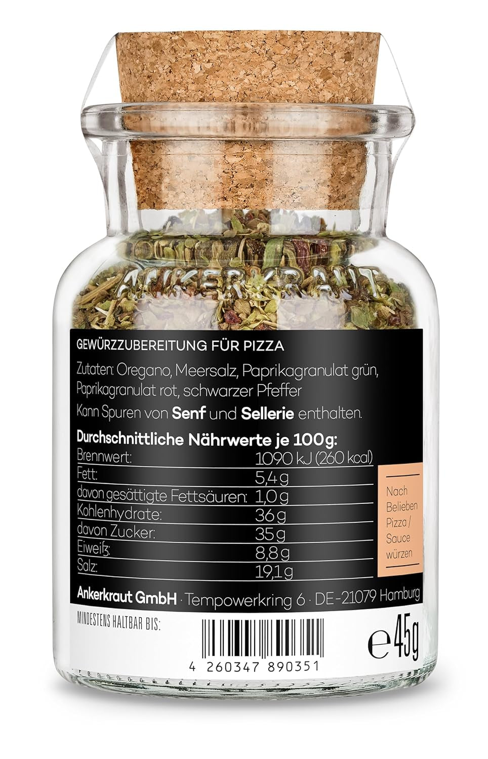 Ankerkraut Pizza, for original Italian taste, like from the Steinofen, also for Pasta, Tomato-Mozzarella and many other dishes, 45 g in cork glass