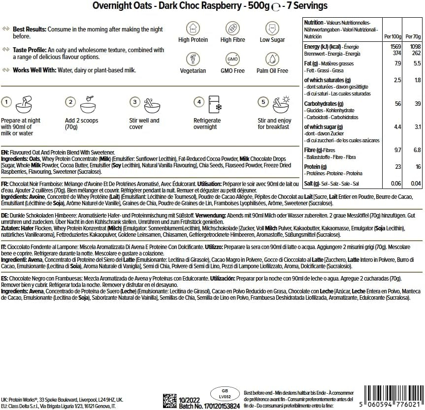 Overnight Oatmeal with Protein | Dark chocolate and raspberry | High protein breakfast | Low Sugar Snack | Low GI Oatmeal | 500g