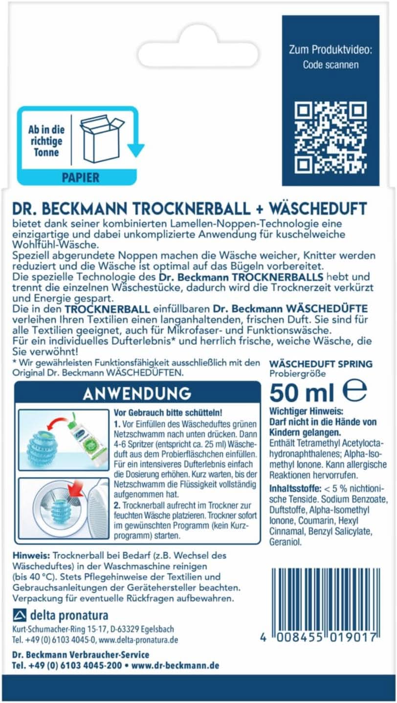 Dr Beckmann drying ball, For fresh and soft laundry, Can be filled with laundry perfume, Shortens drying time, Including laundry perfume Spring Sample 50 ml Laundry Detergents Naty Shop