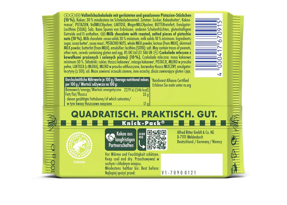 Ritter Sport Pistachio, milk chocolate with fine pieces of pistachio, a chocolate classic, perfect for snacking and enjoying, a great gift idea, 12 bars x 100g