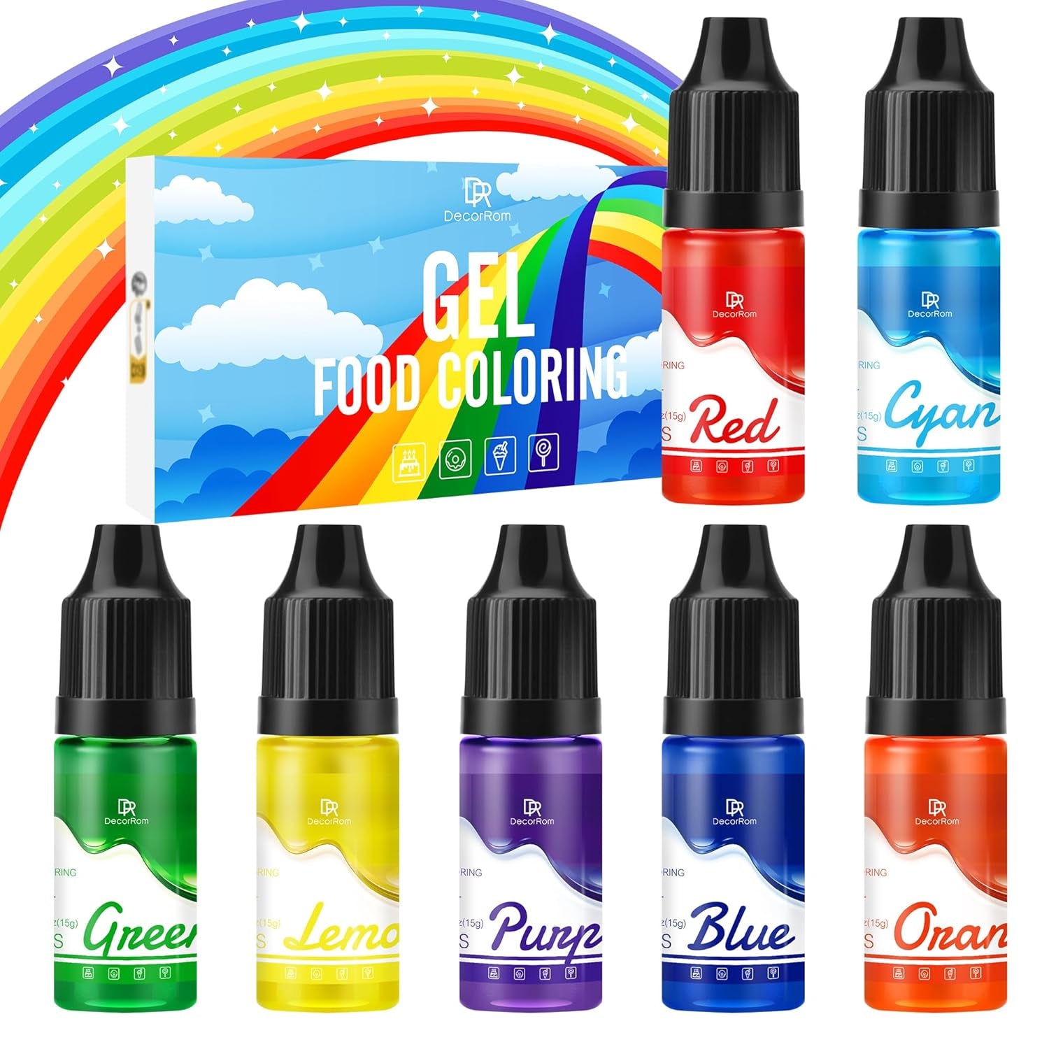 Colorant alimentar gel - 7 x 15 ml Coloranți alimentari concentrați în culorile curcubeului pentru decorarea torturilor, copt, fursecuri, macaroane - Colorant alimentar fără zahăr pentru băuturi, decorarea torturilor, slime DIY