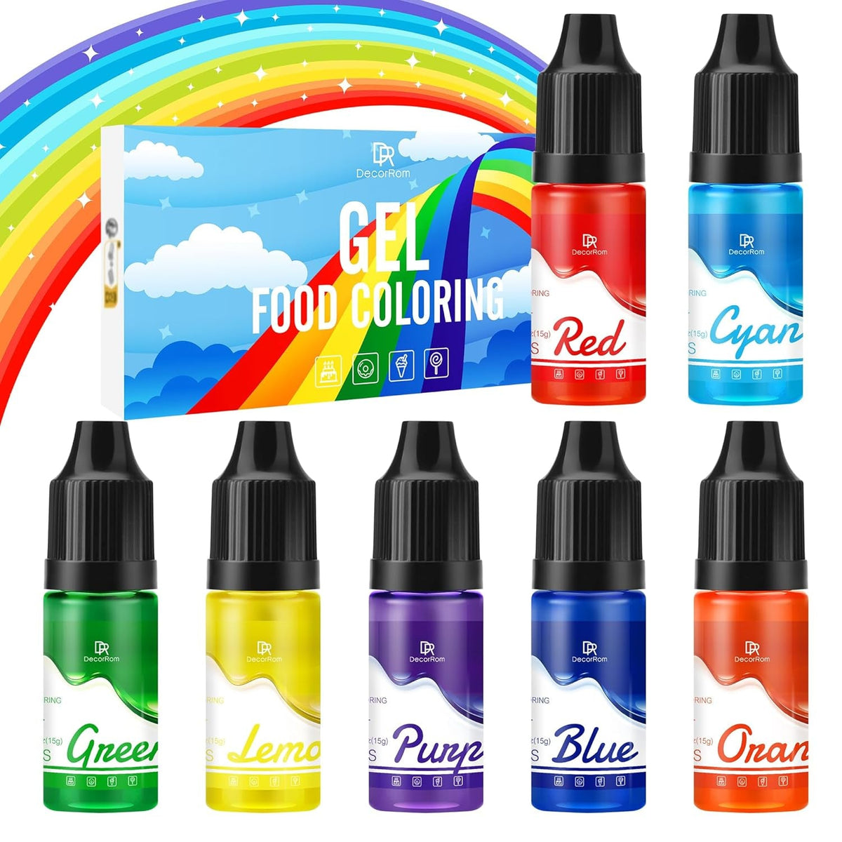 Colorant alimentar gel - 7 x 15 ml Coloranți alimentari concentrați în culorile curcubeului pentru decorarea torturilor, copt, fursecuri, macaroane - Colorant alimentar fără zahăr pentru băuturi, decorarea torturilor, slime DIY