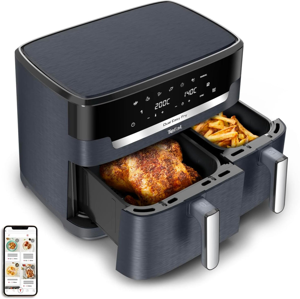 Tefal Dual Easy Fry Hot Air Fryer with two chambers, 5.2/3.1 liter capacity, two independent drawers, 7 programs Home Appliances Naty Shop Gray / Anthracite