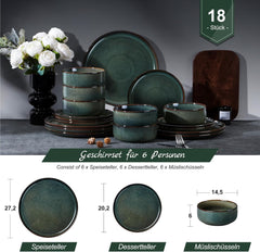 Homikit Geschirrset 6 Personen, 18-tlg Steinzeug Geschirr Set, Reaktive Glasur Tafelservice mit Speiseteller Dessertteller Müslischüsseln, Mikrowellen- und Spülmaschinenfest, Kieferrauchgrün