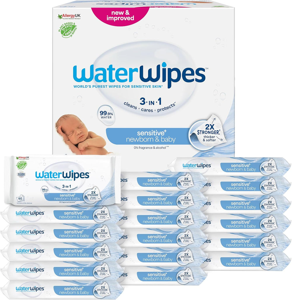WaterWipes Sensitive+ Wet Wipes for Newborns and Babies, 360 Pieces (6 Pack), 3-in-1 Cleaning, Care, Protection, 99.9% Water, Fragrance Free