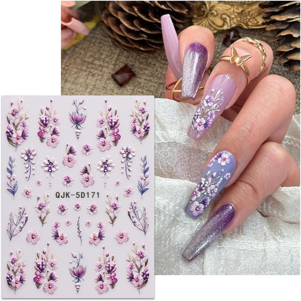 JMEOWIO 3D Nagelsticker Blumen Nail Art Sticker Selbstklebend Nagelaufkleber 5D Stereoskopisch Frühling Sommer Dekoration Nageldesign Zubehör 4 Blatt