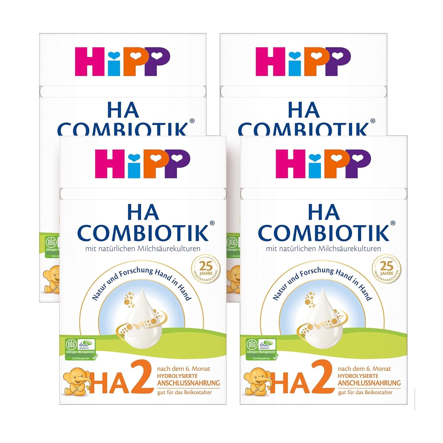 HiPP HA 2 Combiotik (4 x 600g) - Follow-up formula after 6 months, with natural cultures of lactic acid, valuable dietary fibers (GOS), Omega-3, hydrolyzed proteins for sensitive immune systems