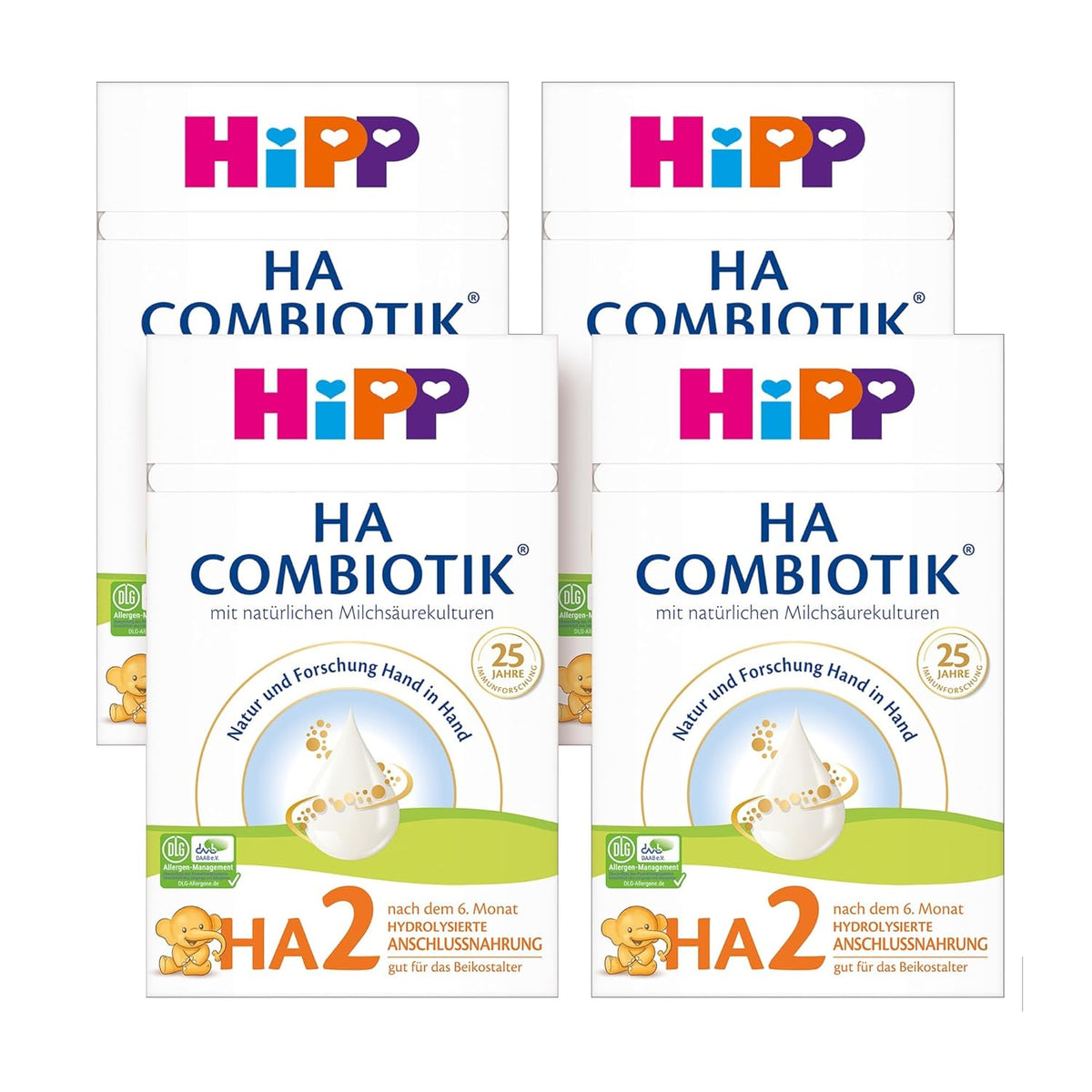 HiPP HA 2 Combiotik (4 x 600g) - Follow-up formula after 6 months, with natural cultures of lactic acid, valuable dietary fibers (GOS), Omega-3, hydrolyzed proteins for sensitive immune systems