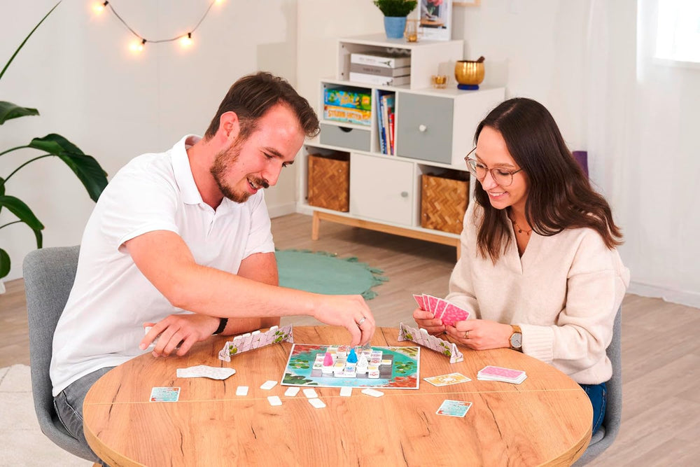 Zoch Ananda - A strategic board game with meditative influences, temple building using tactics, monks meditating in colored areas, collecting karma points, family game for ages 10 and up.