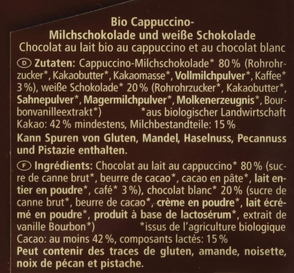 Organic chocolate filled with cappuccino, 100g