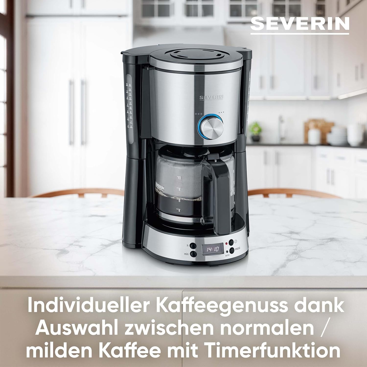 Espressor SEVERIN „TypeSwitch” cu carafă de sticlă și cronometru, AromaSwitch pentru alegerea a 2 opțiuni de preparare, ceas digital cu funcție de cronometru, pentru până la 10 cești, 1000W, oțel inoxidabil periat-negru, KA 4826