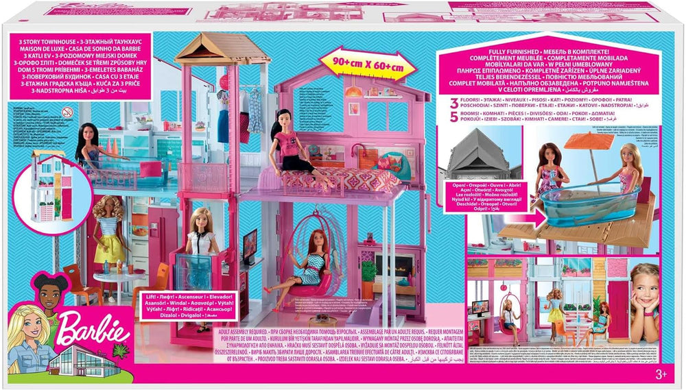 Barbie House Dream Villa, casă de oraș cu 3 etaje și 5 camere, inclusiv accesorii precum mobilier, pliabilă și depozitabilă, jucării de la 3 ani, DLY32 Casute de papusi Naty Shop