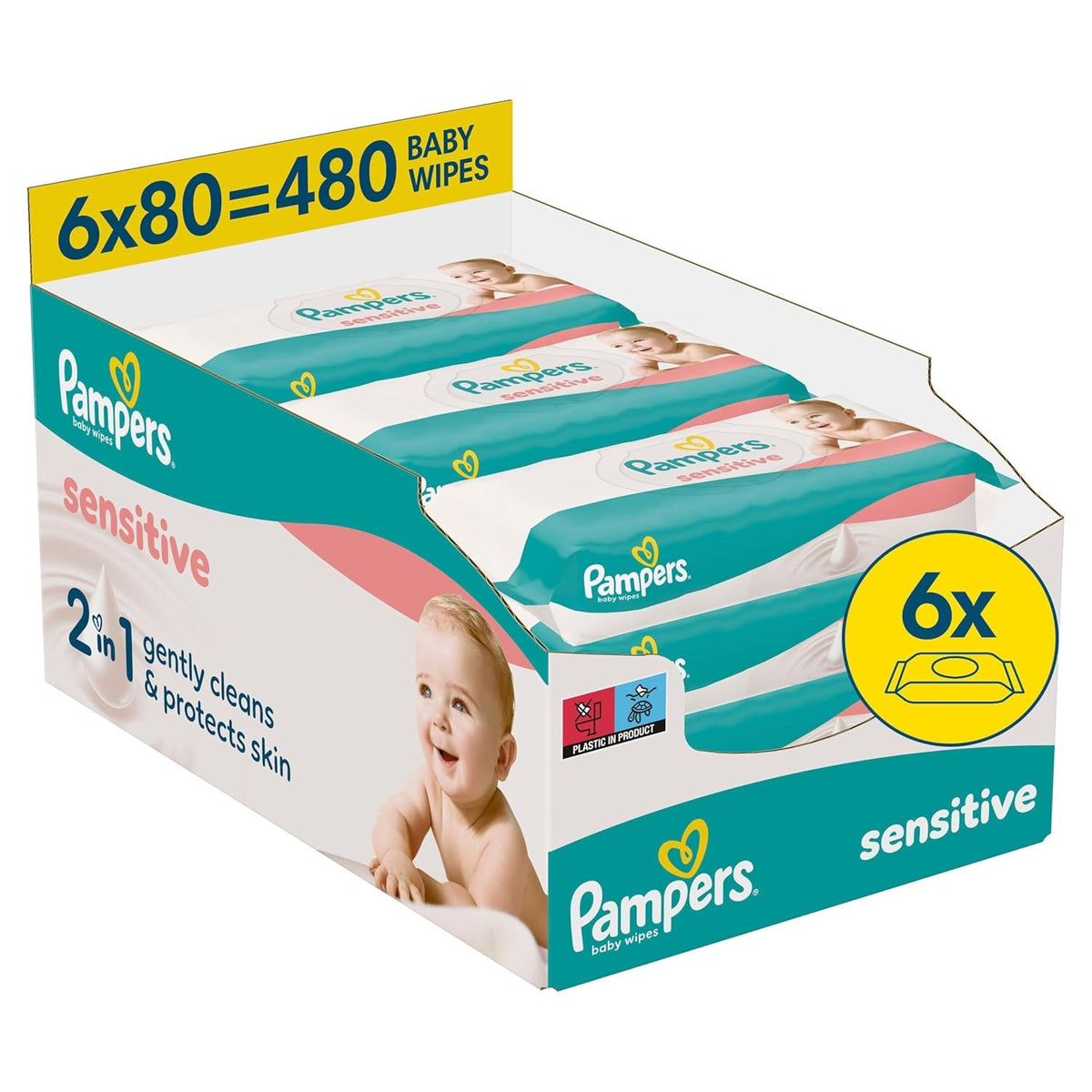 Pampers Sensitive Wet Wipes, 6 packs of 80 wipes = 480 wipes, unscented, for gentle, gentle cleaning