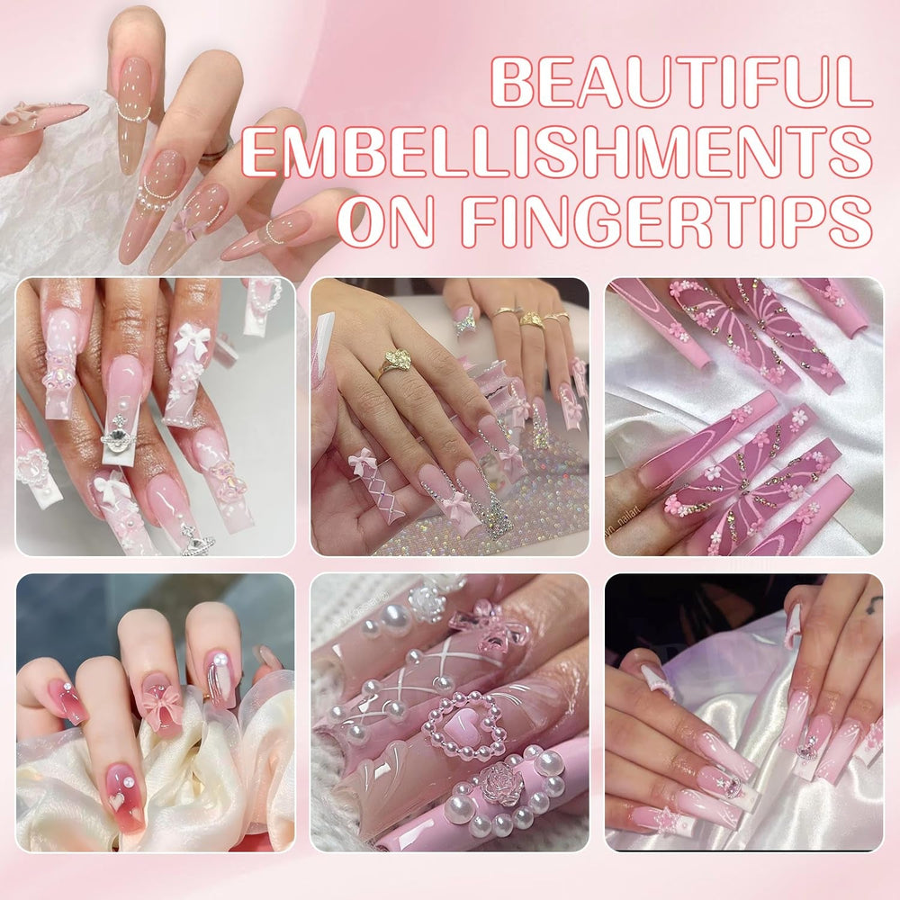 Decorațiuni 3D pentru unghii, 1 cutie de brelocuri pentru unghii, brelocuri pentru unghii cu fundă în formă de inimă și flori în stil mixt, decorațiuni pentru unghii din rășină, pentru decorațiuni Nail Art, accesorii DIY pentru artizanat