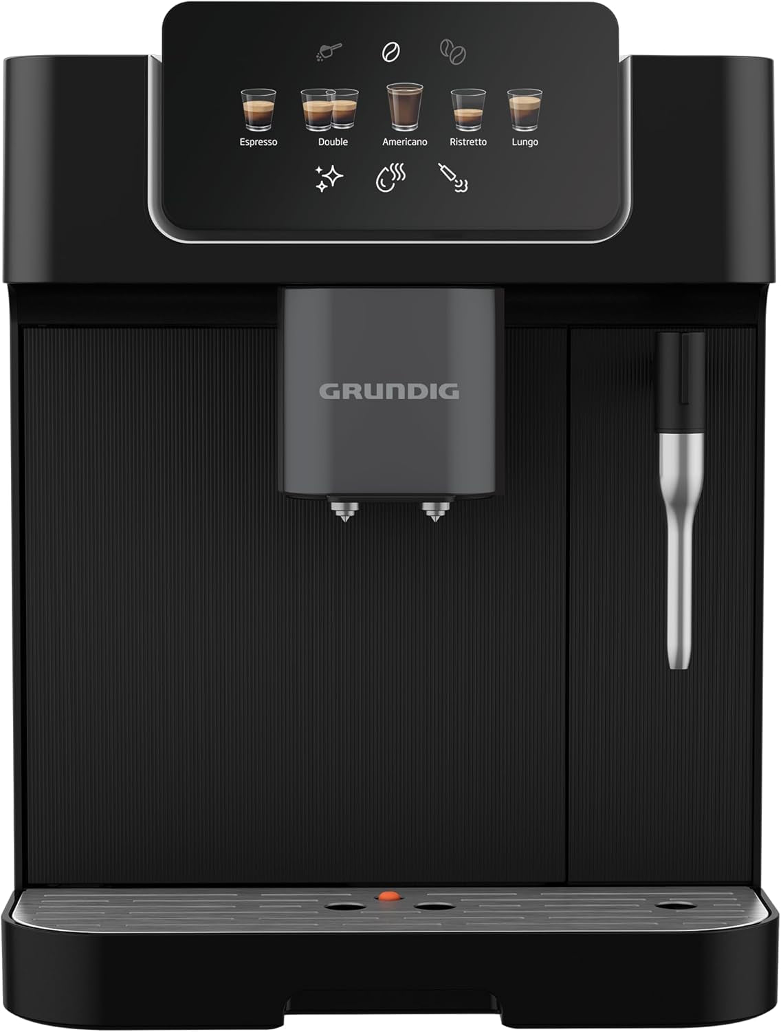 Espressor complet automat GRUNDIG KVA 6230 cu spumator de lapte, râșniță din oțel inoxidabil cu 13 setări de măcinare, recipient boabe 250 g, rezervor de apă detașabil de 2 litri, presiune pompă 19 bar, afișaj tactil, negru