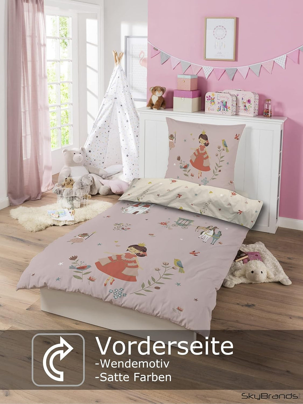 Skybrands Bettwäsche Prinzessin 135X200 [Mit Beutel] Einhorn Mädchen Bettwäsche Baumwolle 2 TLG. 1X Bettbezug 1X Kissenbezug Naty Shop