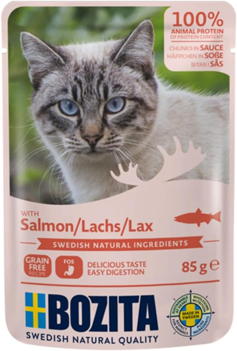 Bozita Pouch Mărunțișuri de hrană umedă în sos cu curcan - 12X85G Portion Pouch Hrană fără cereale și fără grâu pentru pisici - Hrană umedă pentru pisici adulte cu un conținut de 8,5% proteine și 4,5% grăsimi