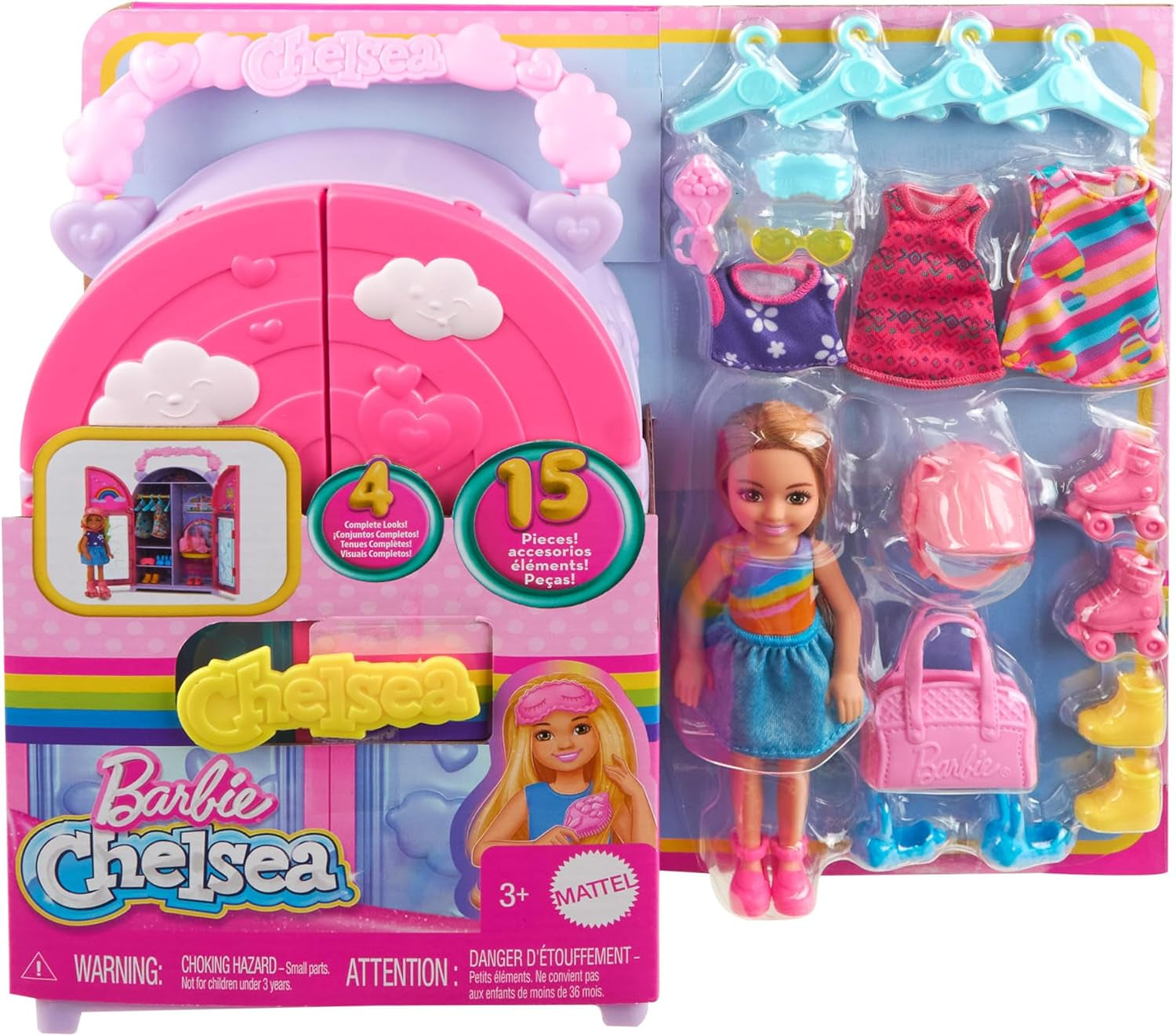 Barbie Chelsea păpușă și dulap Playset cu haine și accesorii, set de 17 piese, pliabil pentru a juca pe drum și depozitare, HXN03 Papusi Naty Shop