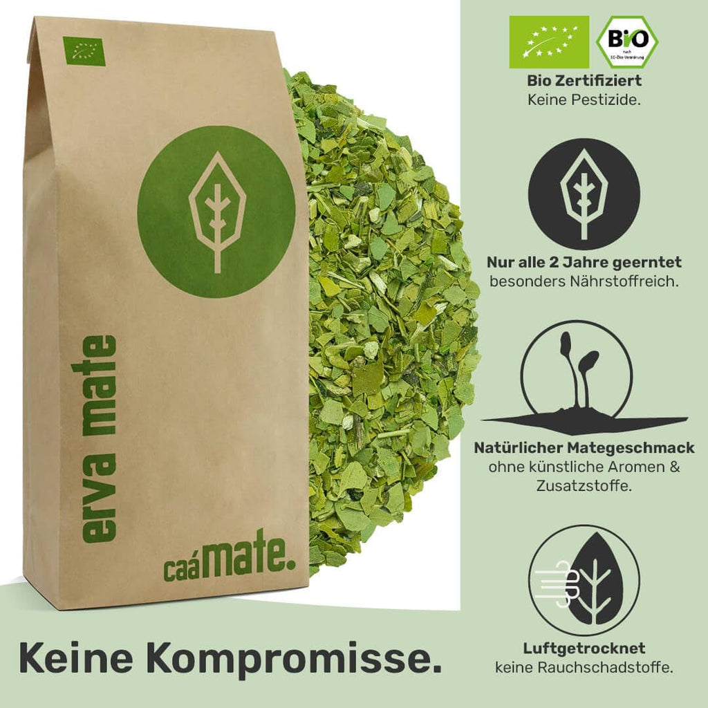 Ceai Mate BIO 1KG ● Proaspăt și verde ● Yerba Mate original ● Uscat la aer ● Fără fum ● Fără plastic ● Echitabil ● Ceai Mate din frunze de Mate, ramuri de Mate și pudră de frunze de Mate ● DE-ÖKO-006