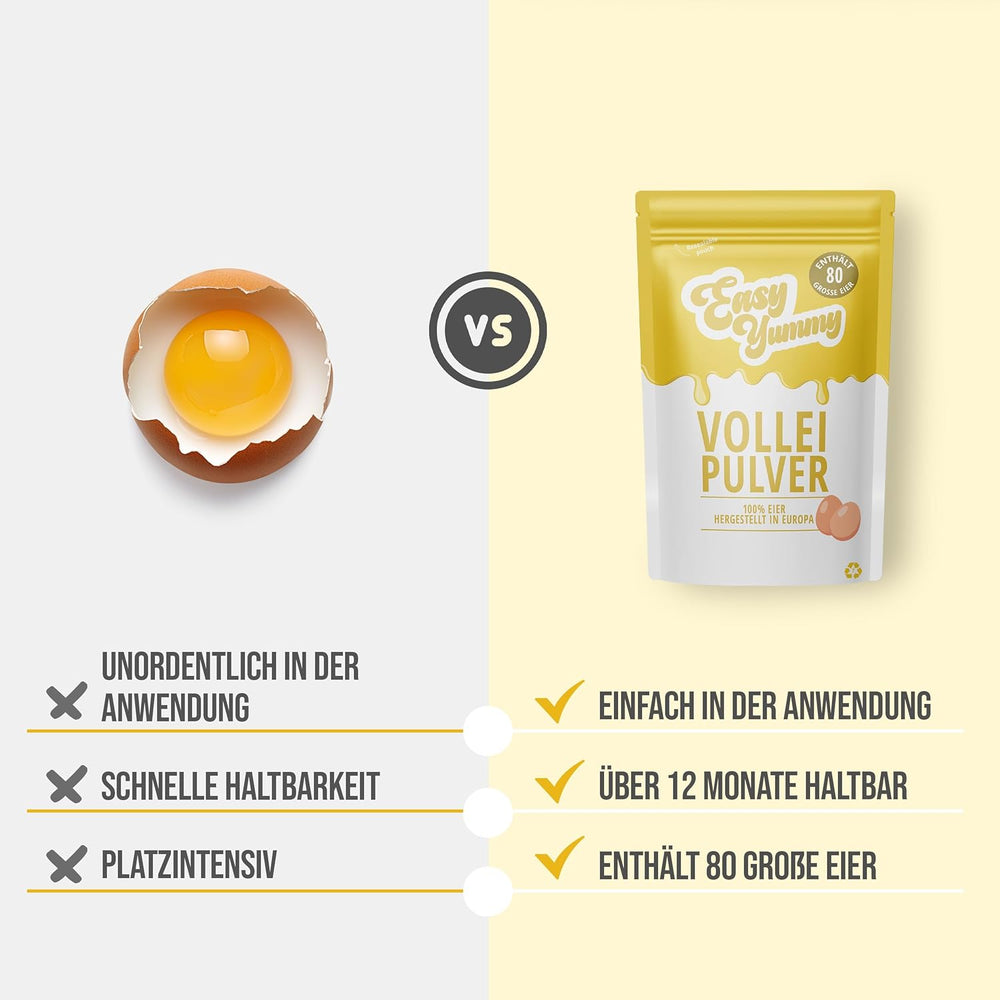 EASY YUMMY - Vollei-Eipulver (1000g = 80 Eier) aus Regionalen Niederländischen Freiland-Eiern | myth 1-Ei-Messlöffel | Wiederverschließbarer Beutel, lange Haltbarkeit | Rührei, Kochen, Backen | 100% them