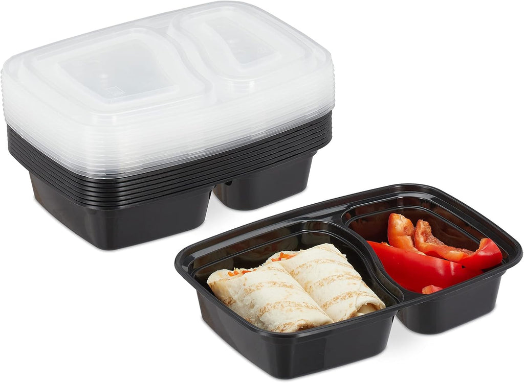 Relaxdays Meal Prep Boxes, set de 10, 2 compartimente, rezistent la microunde, 800 ml, cutie de plastic pentru alimente cu capac, negru Cutii depozitare alimente Naty Shop Titlu implicit