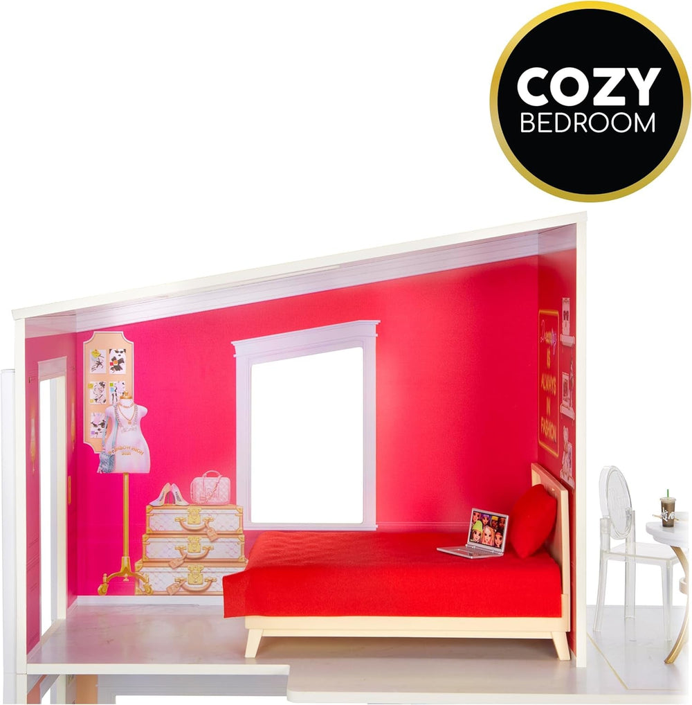 Rainbow High Townhouse - Casă de păpuși din lemn cu 3 etaje cu 5 camere colorate și terasă - Casă complet mobilată cu lift și accesorii funcționale - Jucărie pentru copii de la 4 la 12+ ani Casute de papusi Naty Shop