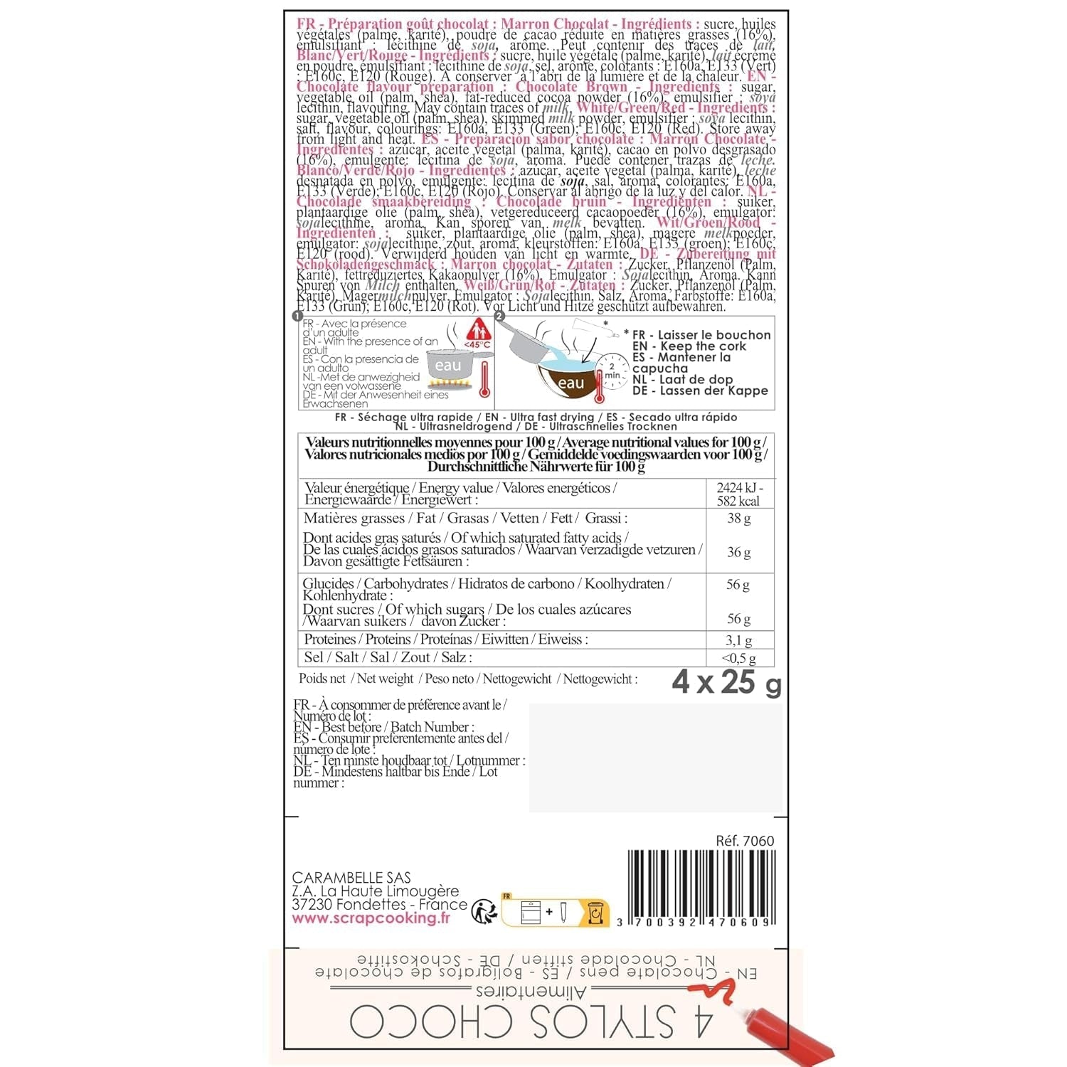 Scrapcooking - Set de 4 creioane colorate de ciocolată de Crăciun - Maro, Alb, Verde și Roșu - Colorant comestibil - Colorant alimentar pentru scris - Scrie și desenează pe deserturi, prăjituri și fursecuri - 7060