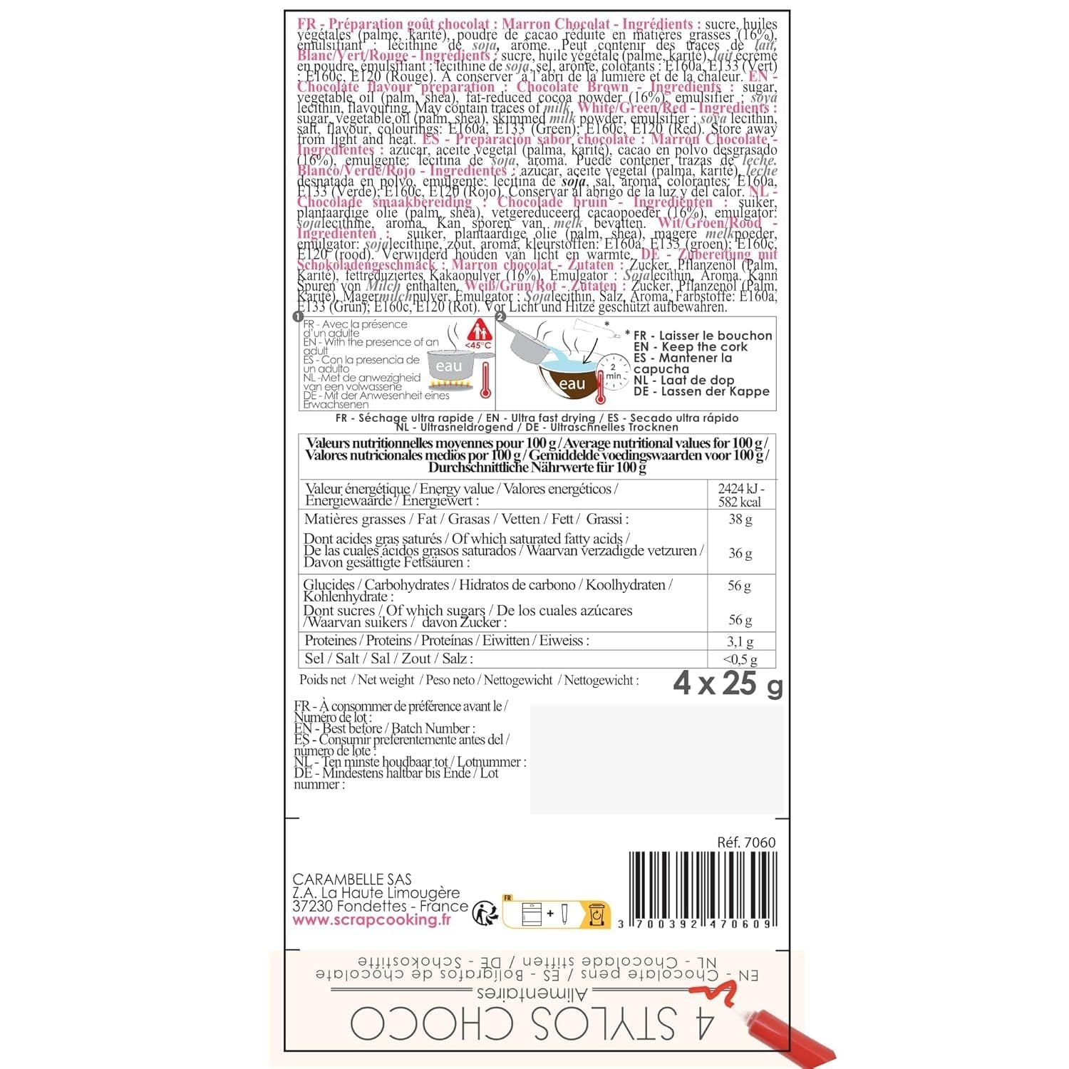 Scrapcooking - Set de 4 creioane colorate de ciocolată de Crăciun - Maro, Alb, Verde și Roșu - Colorant comestibil - Colorant alimentar pentru scris - Scrie și desenează pe deserturi, prăjituri și fursecuri - 7060