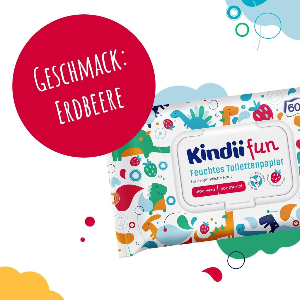 Hârtie igienică umedă Kindii Fun - (10X60 bucăți) Hârtie igienică umedă - Mușețel, Aloe Vera, Ph-Neutru, Vărsabilă, Reîmprospătează zona intimă - 600 bucăți